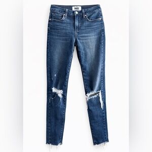 PAIGE Distressed Skinny Jeans | Medium Wash Stretch Denim | Raw Hem